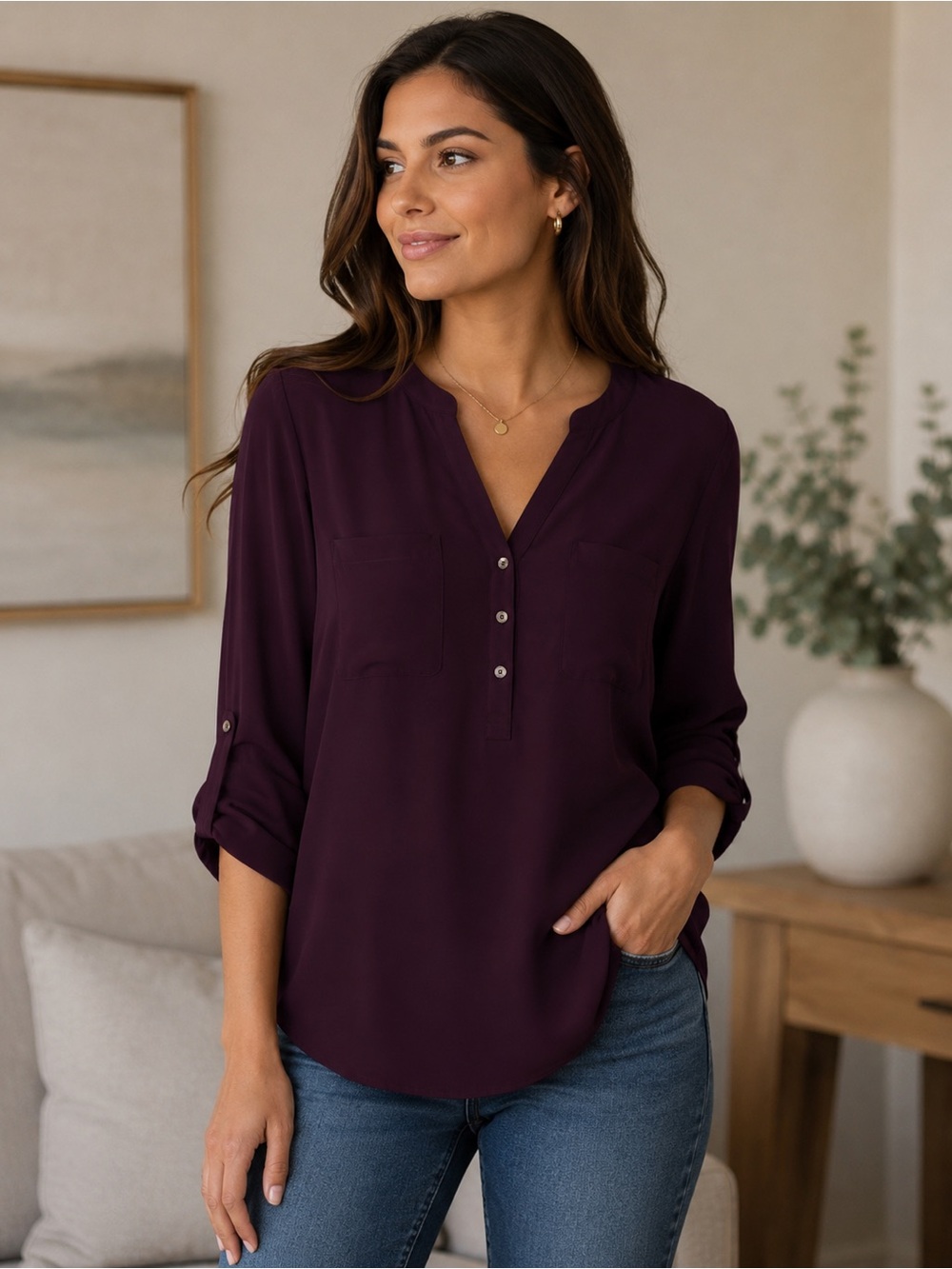Reitmans Purple Relaxed 3/4 Sleeve Blouse